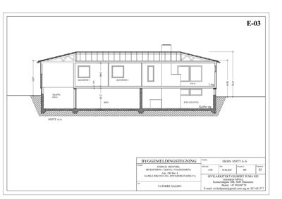 Snittegning (SNITT A-A) som viser bygningens tverrsnitt, romfordeling og høyder.