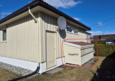 Fotografi av en bygning med en tilhørende hagebod.