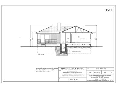Snittegning (SNITT B-B) av en bolig med romfordeling og mål.