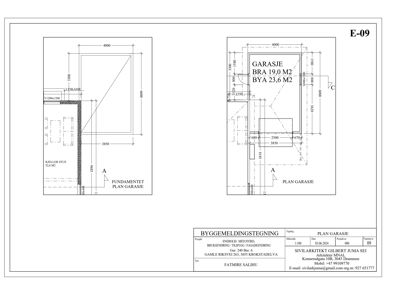 Planegning av garasje med angitte mål og romfordeling.
