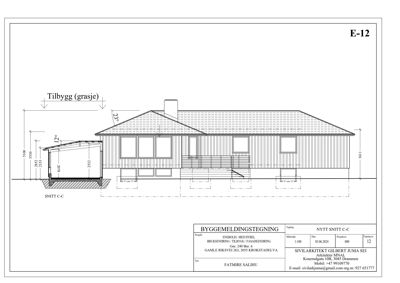 Snittegning (SNITT C-C) av en bygning med mål og detaljer for en tilbygg.