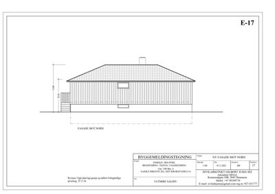 Fasadetegning av en enebolig sett fra nord, med mål og byggebeskrivelse.