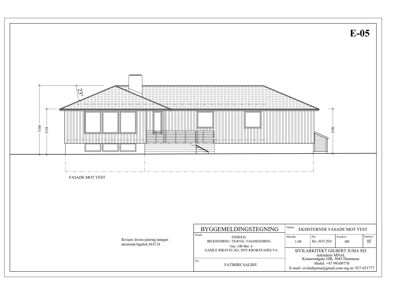 Fasadetegning av en eksisterende bygning sett fra vest, med mål og detaljer.