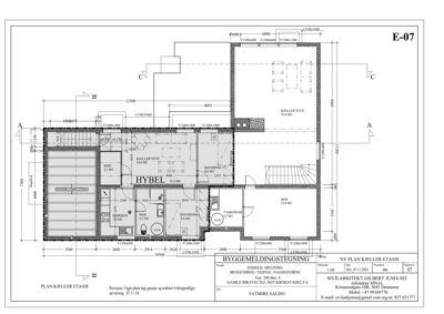 Etasjeplan for kjelleretasje (HYBEL) med romfordeling, mål og vindusposisjon.