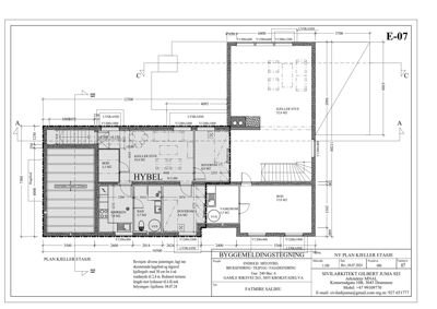 Etasjeplan for kjelleretasje (HYBEL) med romfordeling, mål og tekniske notasjoner.