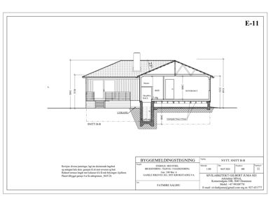 Snittegning (SNITT B-B) av en enebolig med forslag til brukendring.