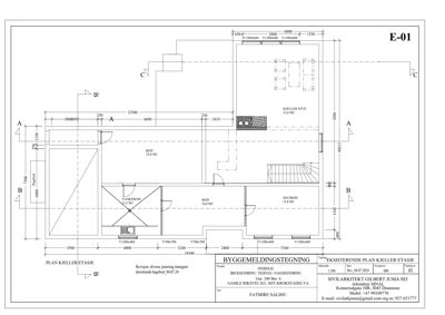 Etasjeplan (Kjeller) med romfordeling, mål og veggtykkelse.
