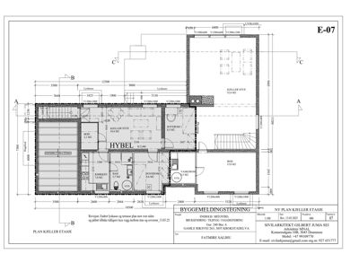 Etasjeplan for kjelleretasje med romfordeling, mål og veggtykkeler