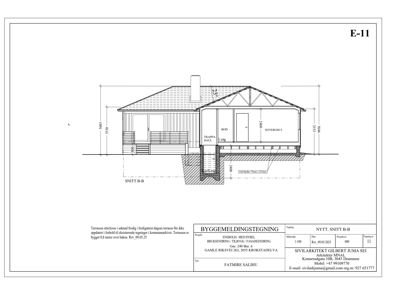 Snittegning (SNITT B-B) av en bygning med mål og rombeskrivelser