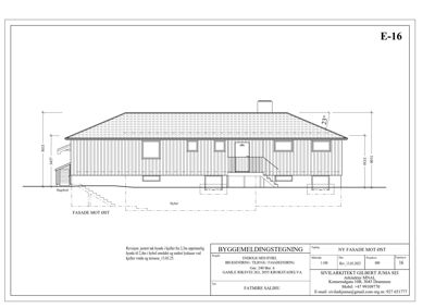 Fasadetegning av en bygning sett fra øst, med mål og detaljer om takhøyde og hybel.