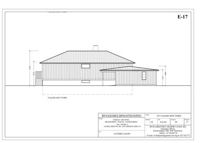 Fasadetegning av en bygning sett fra nord, med mål og detaljer.