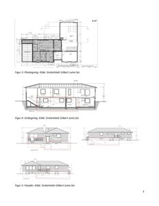 Bildet viser en samling tegninger fra en byggesak, inkludert etasjeplan (Figur 3), snittegning (Figur 4) og fasadetegninger (Figur 5).