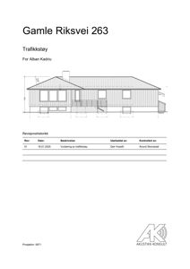Fasadetegning av en bygning med mål og detaljer for akustikkvurdering.