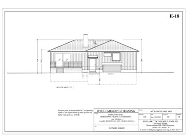 Fasadetegning av en hybel med tilhørende bygning, sett fra sør.