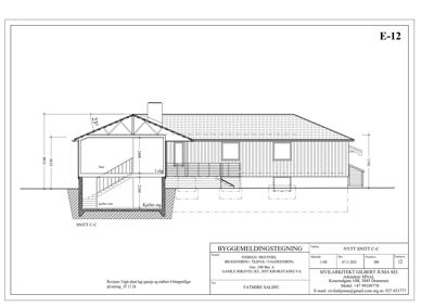 Snittegning (SNITT C-C) av en enebolig med tilbygg, som viser romfordeling og høyder.