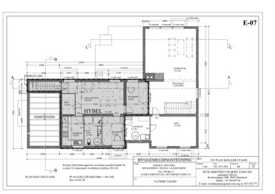 Etasjeplan for kjelleretasje (HYBEL) med romfordeling, mål og tekniske detaljer.