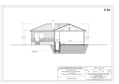 Snittegning (SNITT B-B) av en bygning med garasje og trappahall, med høydeangivelser.