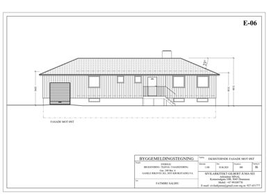 Fasadetegning (oppriks) av en bygning sett fra øst, med mål og detaljer.