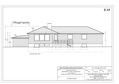 Fasadetegning av en bygning sett fra vest, med mål og detaljer.