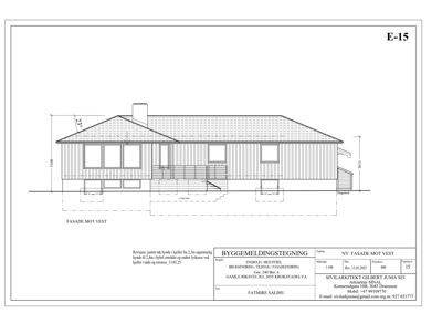 Fasadetegning av en bygning sett fra vest, med mål og detaljer.