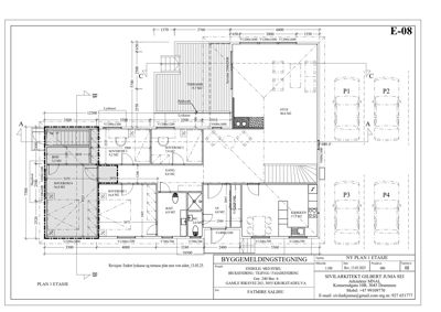 Etasjeplan (1. etasje) med romfordeling, mål og bygningsnummer.