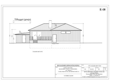 Fasadetegning av en bygning sett fra syd, med mål og detaljer.