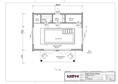 Etasjeplan for bassenghus som viser romfordeling, mål og areal.
