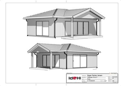 Fasadetegning som viser bygningens utseende fra to ulike vinkler (for- og sidefasade).