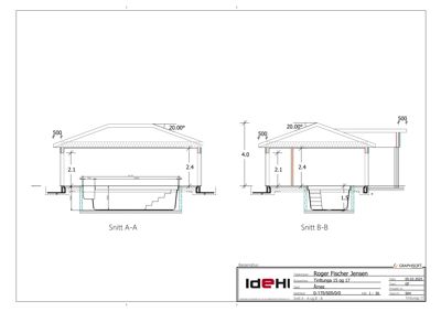 Snittegning (Snitt A-A og Snitt B-B) som viser tverrsnittet av et bassenghus, inkludert høyder, trapp og takhelling.