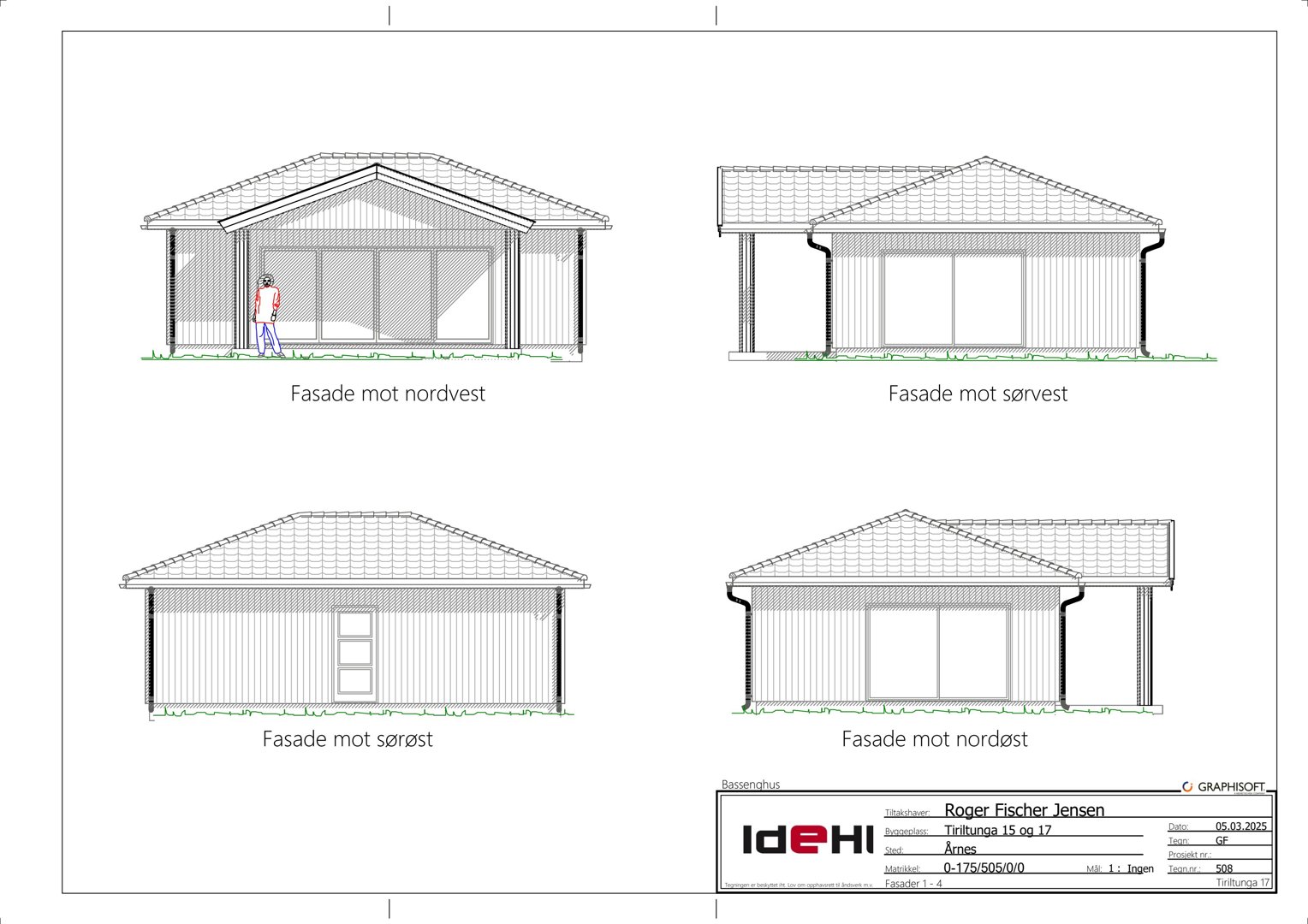 Fasadetegning som viser bygningens utseende fra fire ulike retninger (nordvest, sørvest, sørøst og nordøst).