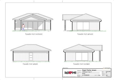 Fasadetegning som viser bygningens utseende fra fire ulike retninger (nordvest, sørvest, sørøst og nordøst).