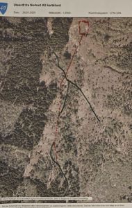 Kartutsnitt med overlagte ruter og geografiske merkelapper