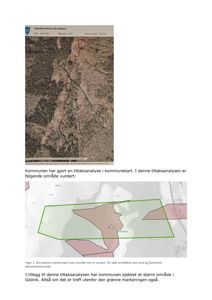 Bildet viser to kart som illustrerer en tiltakssanalyse i kommunekartet. Det øverste er et flyfoto med overlagte ruter, og det nederste er et kart med fargemerkede områder som viser vurderte områder for flomskred.