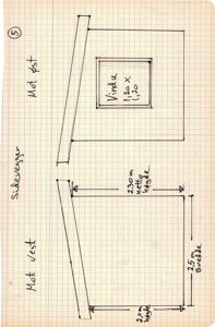 Håndtegnet etasjeplan eller romfordeling med mål og rombeskrivelse (vindue).