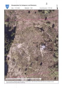 Situasjonskart som viser festegrunn ved Silsetsetra med overlagte tegninger og håndskrevne notater om bygningens plassering.