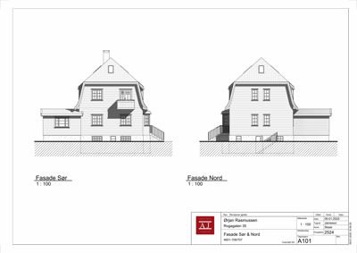 Tegning som viser fasadeopprikk for bygningen på Ropagaten 30, med visning av både Sør- og Nordfasade.