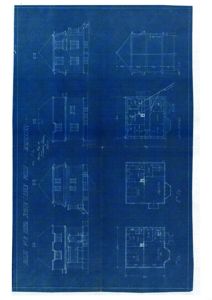 En tegning som viser fasader (oppsett) og planer for en bygning.