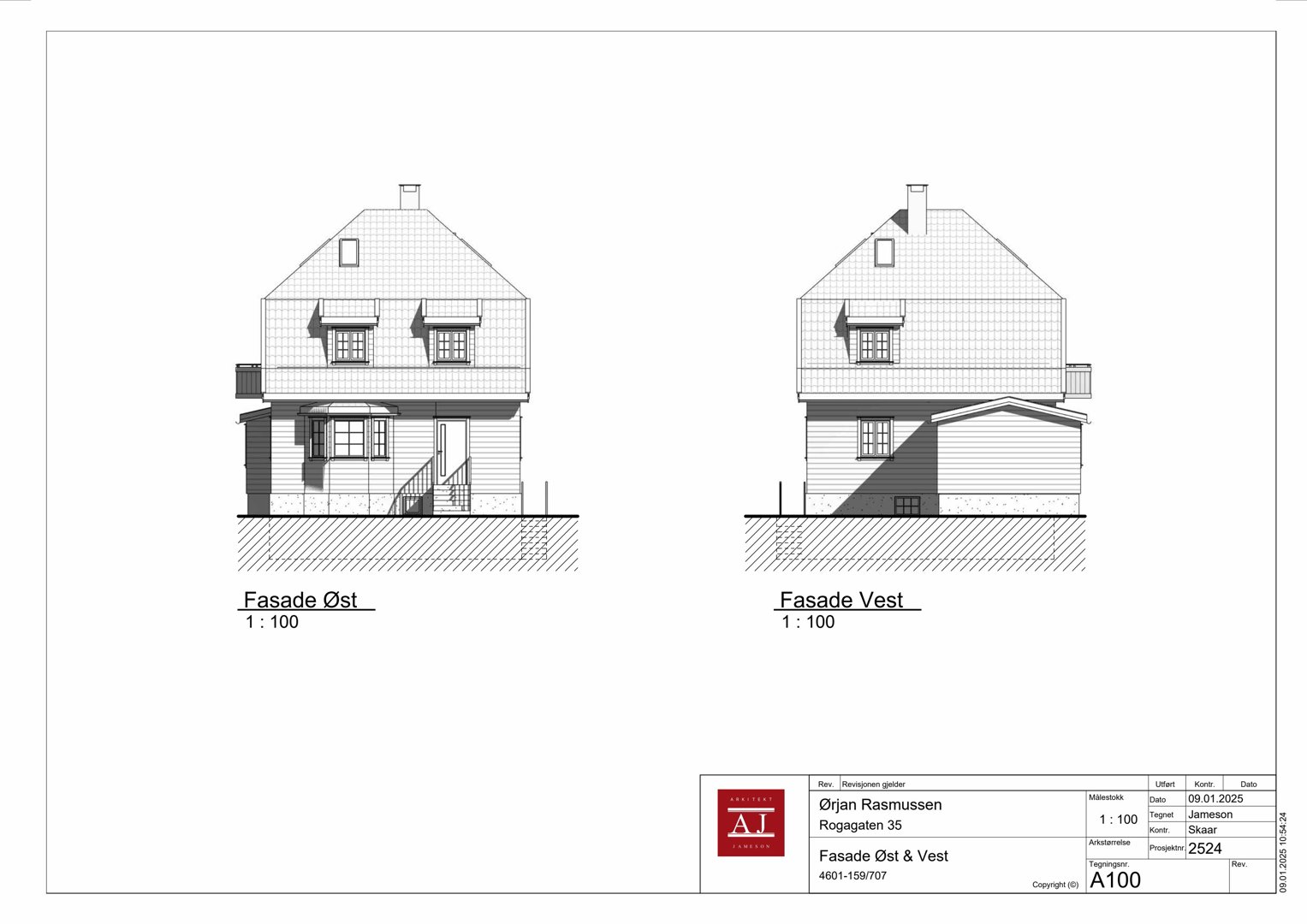 Tegning som viser fasadeopprikk for bygningen på Ropagaten 35, med visning av Øst- og Vestfasaden.
