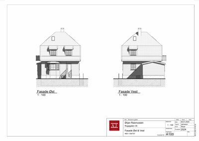 Tegning som viser fasadeopprikk for bygningen på Ropagaten 35, med visning av Øst- og Vestfasaden.
