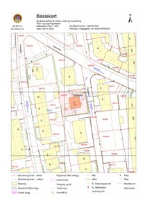 Et basiskart (situasjonskart) som viser eiendomsgrenser, bygninger, vegnett og infrastruktur i området Rogagaten 35 i Bergen.