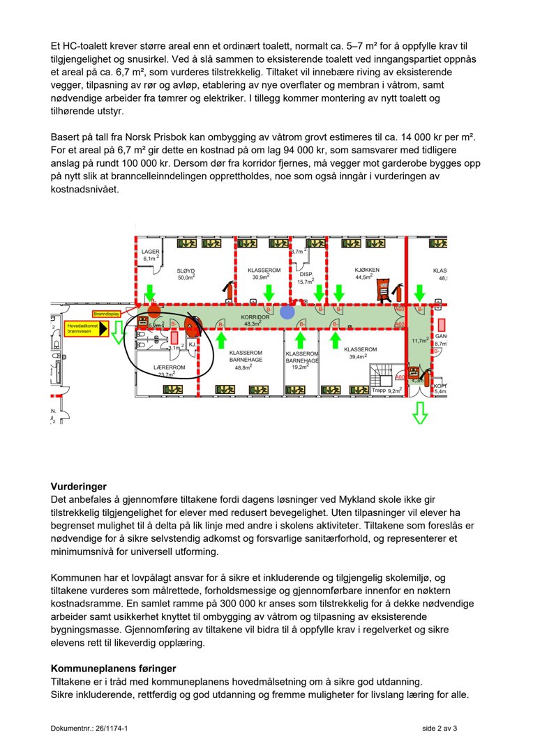 Etasjeplan som viser romfordeling, arealer og plassering av nye/toalett i en skolebygning.