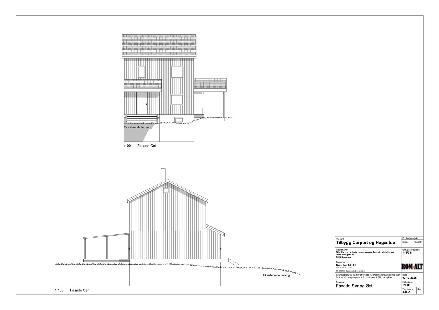 Fasadetegning som viser bygningens utseende sett fra sør og øst.