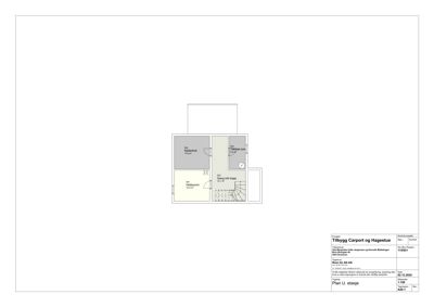 Etasjeplan for et tilbygg, som viser romfordeling med stue, kjøkken, bad og trapp.