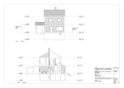Snittegning (Snitt A og B) som viser tverrsnittet av en bygning med høydeangivelser.