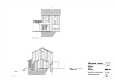 Tegning som viser fasadeoppsett for bygningen sett fra nord og vest.