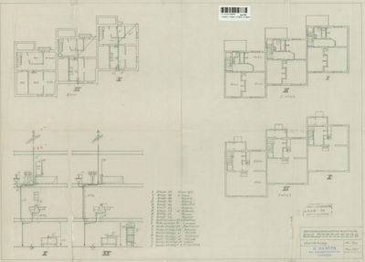 Bildet viser et sett med etasjeplaner (1. etasje, 2. etasje, 3. etasje) og tilhørende tekniske detaljer for innredning av kjøkken og bad.