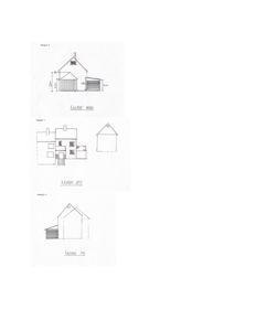 Bildet viser håndtegnede fasadetegninger av en bygning sett fra tre sider (Nord, Øst, Syd).