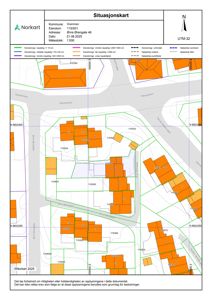 Situasjonskart som viser eiendomsgrenser, naboeiendommer og vegnett i området.