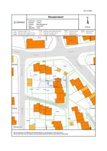 Situasjonskart som viser eiendomsinndeling, bygningstilhørighet og nabolagsgrenser.
