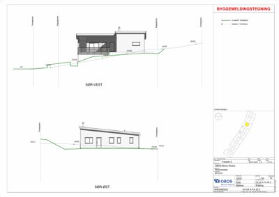Fasadetegning som viser bygningens utseende fra to vinkler (Sør-Vest og Sør-Øst) med terrengforhold.